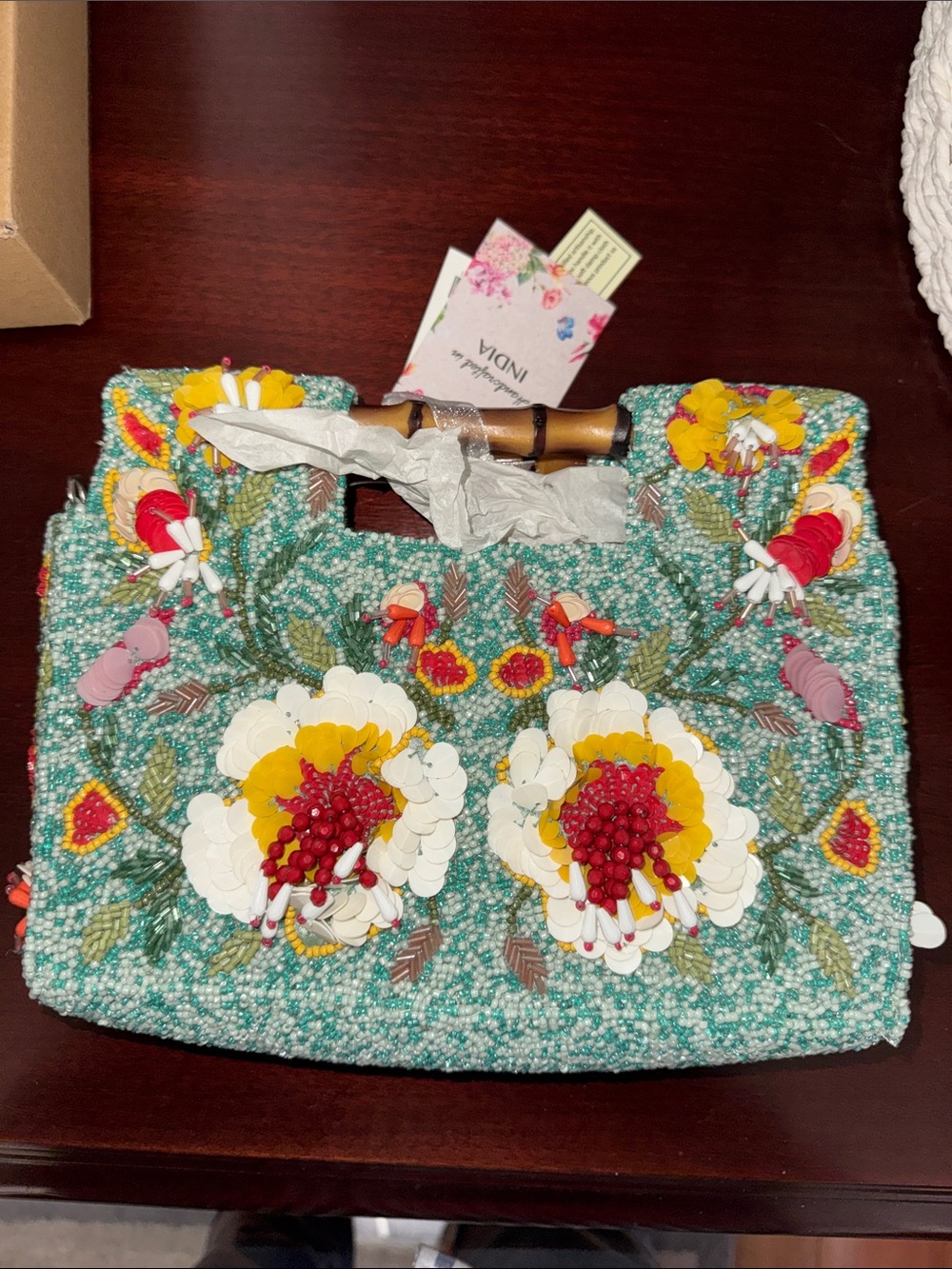 Teal Beaded Floral Handbag with Bamboo Handle